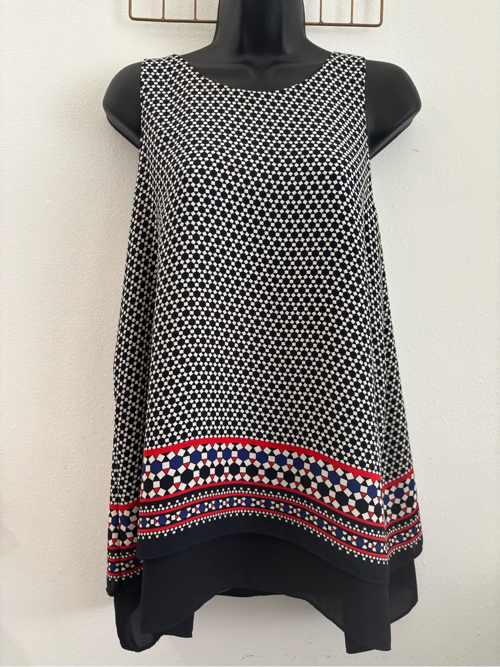 Max Studio Black & White Geo-Print Layered Tank with Red & Blue Trim